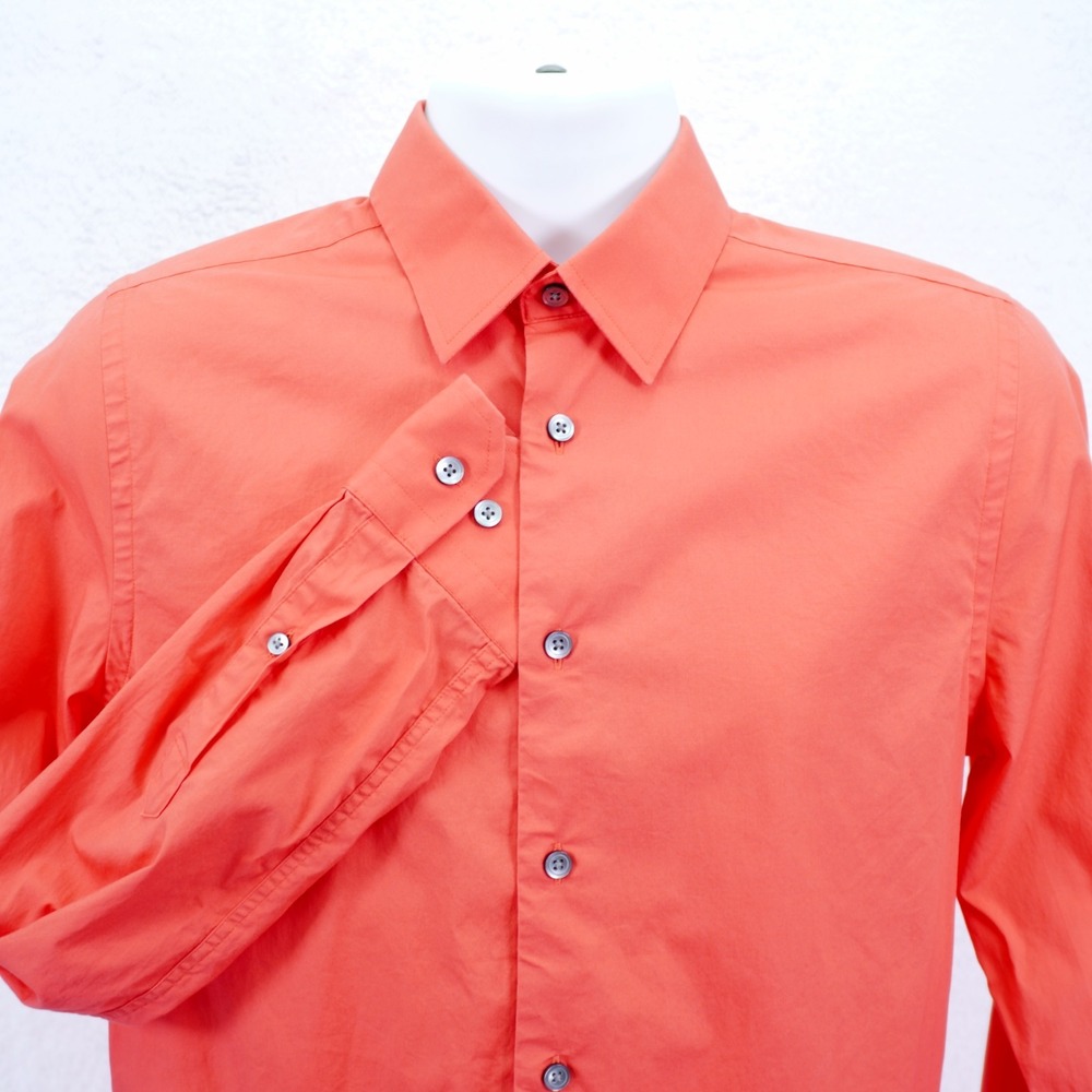Express 1MX Fitted -Small 14-14.5- Orange Pink Collared Dress Shirt Spandex Cott